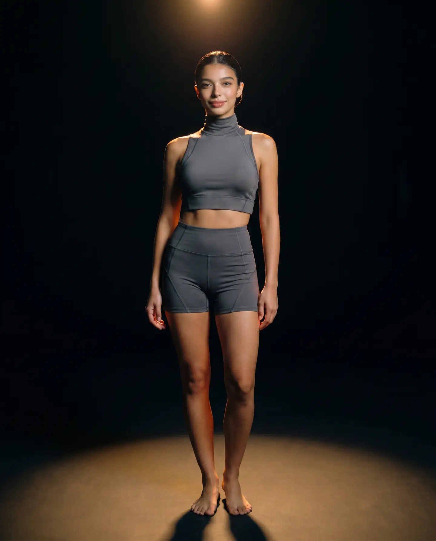Her, in the fitting-room base layer, before try-on
