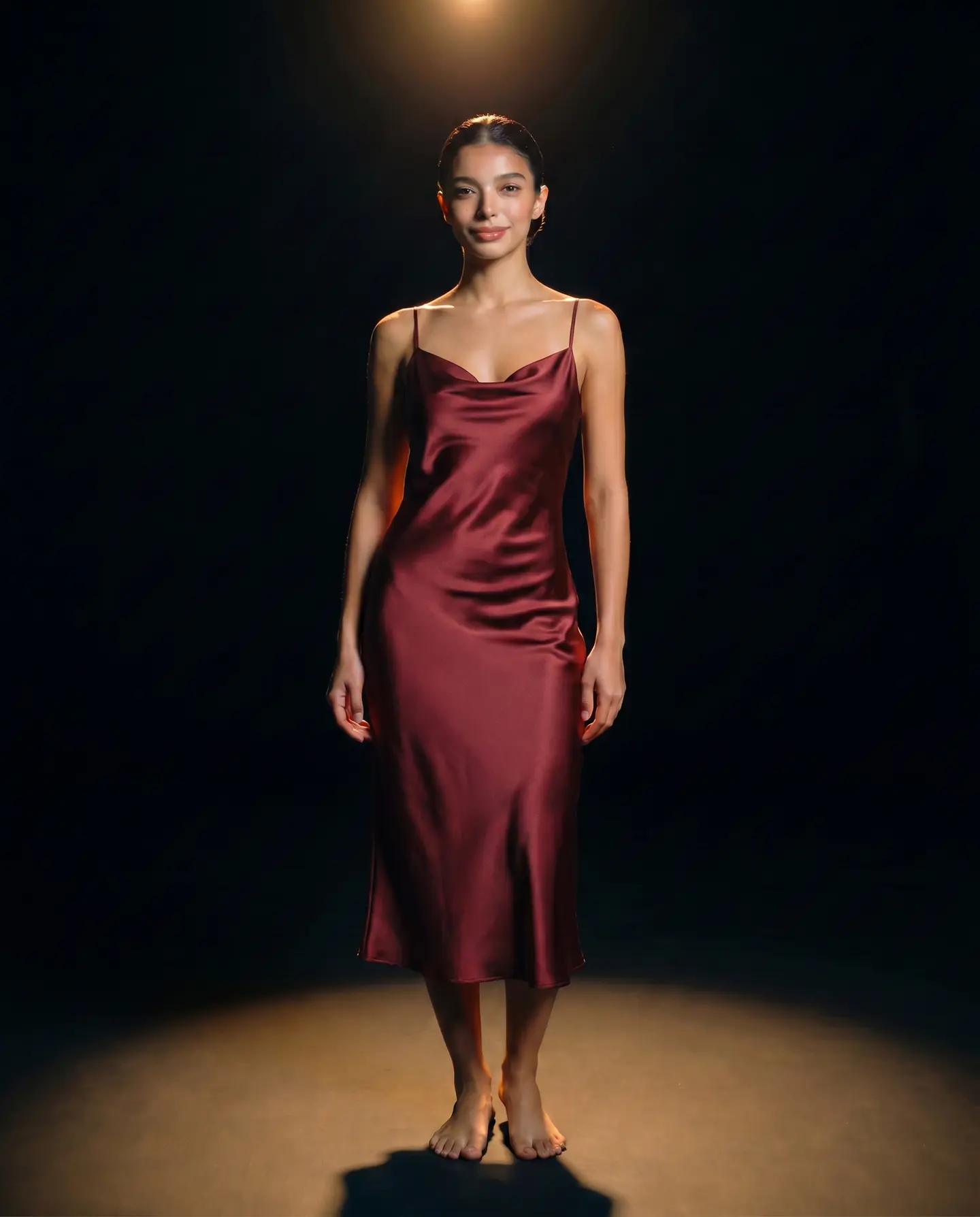 The same woman wearing the oxblood silk slip dress