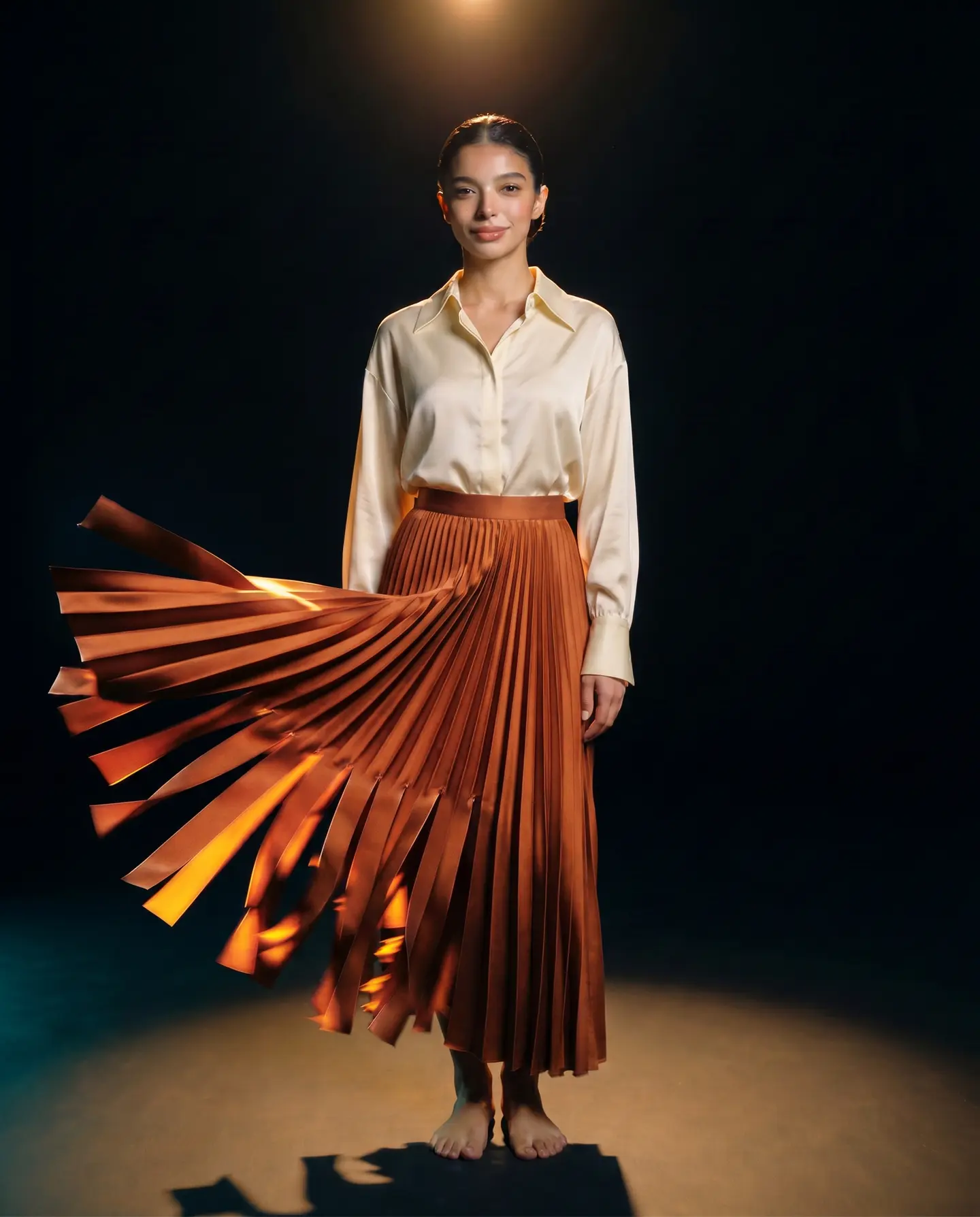 The same woman wearing the amber pleated skirt look